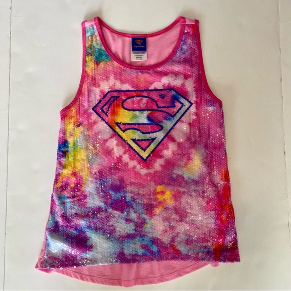 Superman Pink Mixed Media Graphic Embellished Tank Top Girls Size XL 14 to 16 - Picture 1 of 6